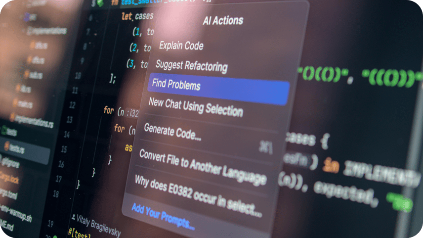 Code editor at night showing an "AI Actions" right-click menu with options like Explain Code, Suggest Refactoring, and Find Problems highlighted.