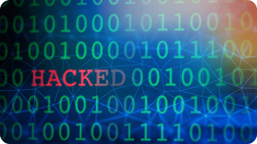 Green binary code on a blue network background, with the word “HACKED” highlighted in red at the centre.