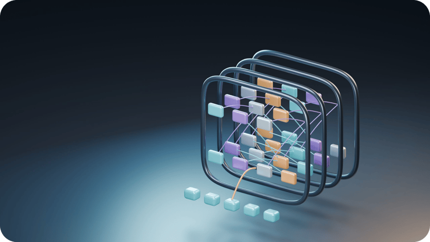 Abstract 3D graphic of connected data nodes held within layered frames, symbolising AI governance and oversight.