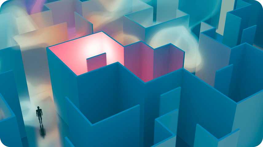 3D illustration of a tiny figure standing before a large blue maze, with one section glowing pink, representing finding a way through complexity.