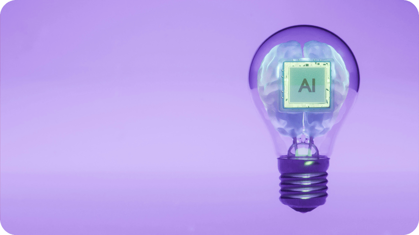 A purple lightbulb with a cloud-like brain and an "AI" microchip inside,