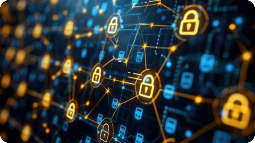 Network security illustration with glowing gold padlock icons connected across a blue digital circuit background, representing encryption and cybersecurity.