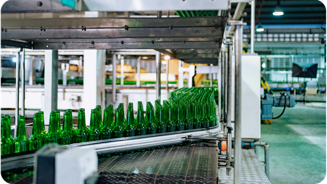 mpty green glass bottles on a conveyor belt in a bottling plant