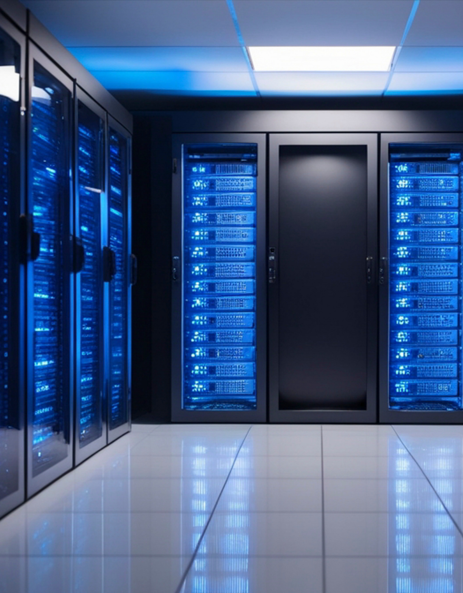 Server racks with glowing blue lights in a clean data centre room.