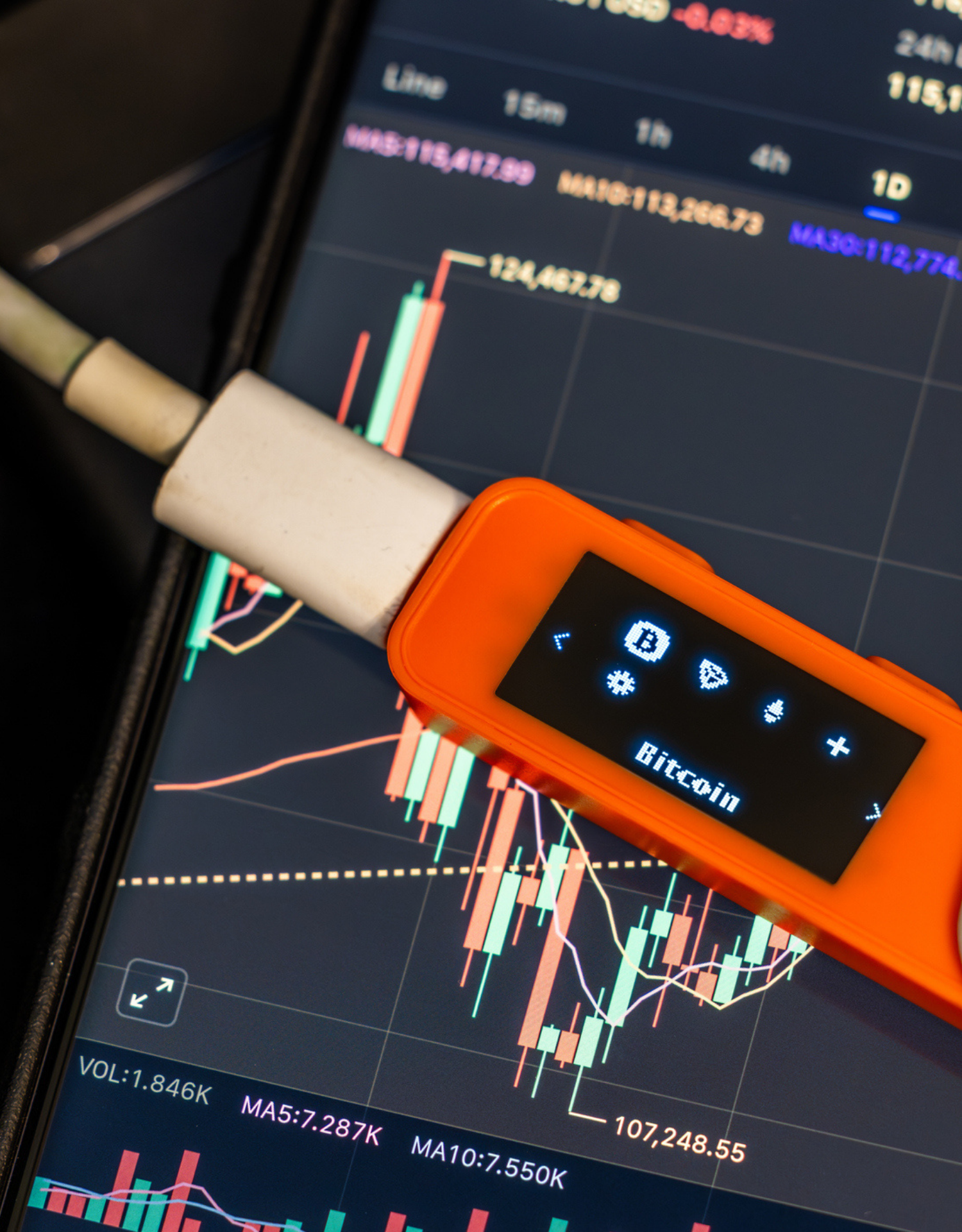 Crypto hardware wallet on a laptop showing a candlestick trading chart.