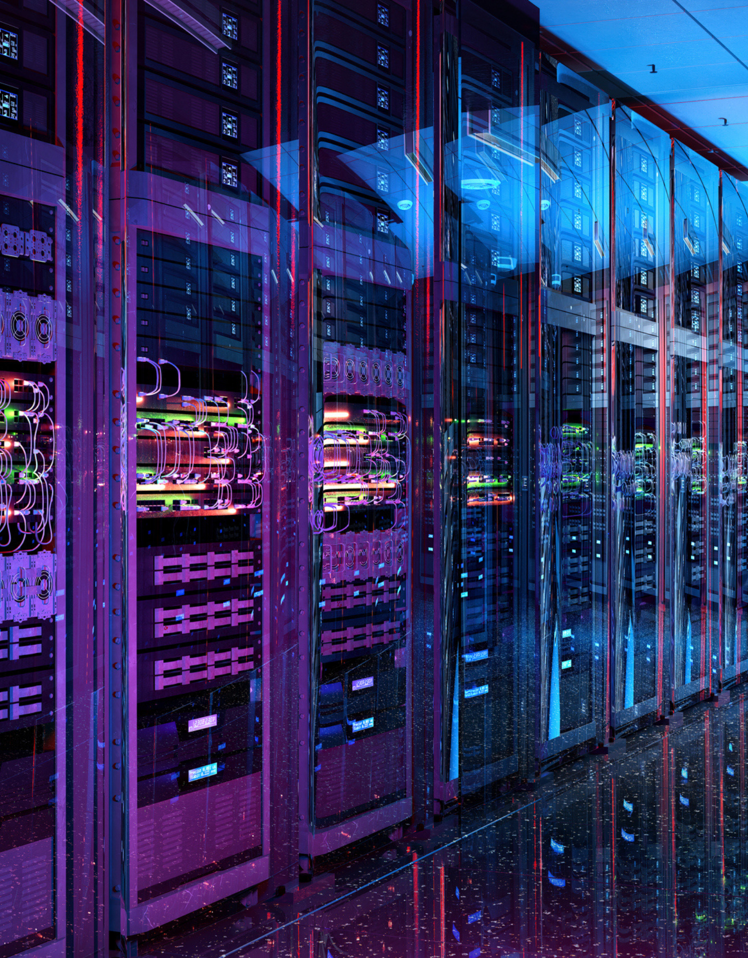 Rows of illuminated server racks inside a modern data centre, with glass cabinets and colourful cables visible under blue and red lighting reflecting off a polished floor.