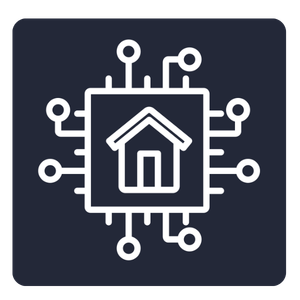 White outline icon of a house integrated with circuit lines and connection nodes, representing smart home technology or connected devices, displayed on a dark background.