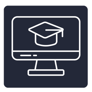 White outline icon of a desktop monitor displaying a graduation cap, representing online learning or education, shown on a dark background.