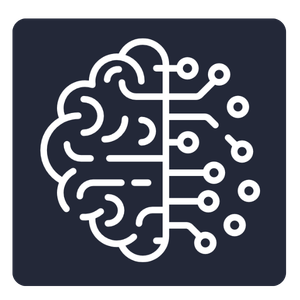 White outline icon of a brain connected to circuit lines and nodes, representing artificial intelligence or machine learning, displayed on a dark background.