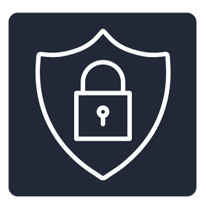 Simple white shield icon with a padlock in the centre, representing security or data protection, displayed on a dark background.