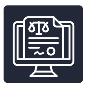 White outline icon of a desktop monitor displaying a graduation cap, representing online learning or education, shown on a dark background.