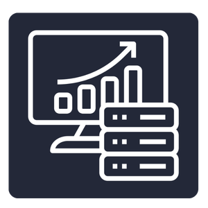 White outline icon of a monitor displaying an upward-trending chart alongside stacked database disks, representing sales technology, data-driven growth, and performance analytics, shown on a dark background.