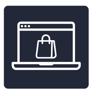White outline icon of a laptop displaying a shopping bag on the screen, representing e‑commerce or online shopping, shown on a dark background.