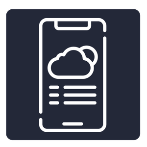 White outline icon of a smartphone displaying a cloud symbol and lines of text, representing a mobile app or cloud-based service, shown on a dark background.