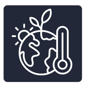 Icon of a globe with a small plant growing from it alongside a thermometer, representing climate and environmental impact.